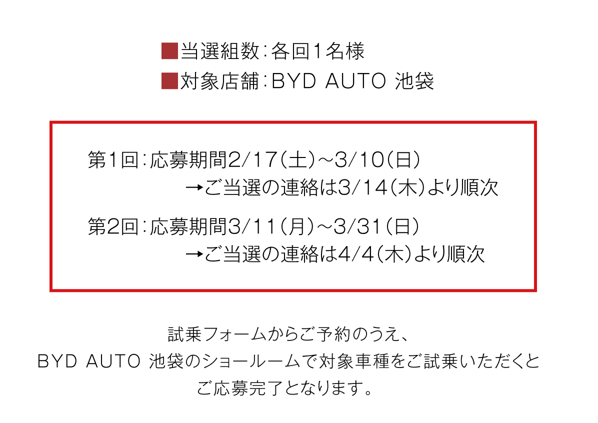 ■当選組数：各回1名様　■対象店舗：BYD AUTO 池袋